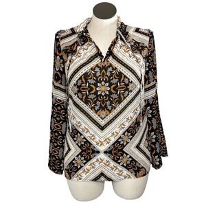 Fever Women's Size S Geometric Floral Print‎ Long Sleeve Blouse Top